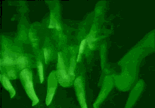 a group of people are standing next to each other in a dark room with a green background .