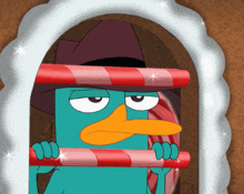 a perry the platypus cartoon character holding candy canes