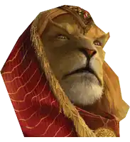 a painting of a lion wearing a red and gold scarf and a crown