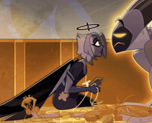 a cartoon drawing of a woman with wings and a halo holding a cell phone