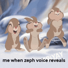 a picture of three rabbits with the words me when zeph voice reveals