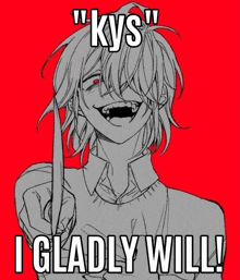 a drawing of a man holding a knife with the caption " kys " i gladly will "