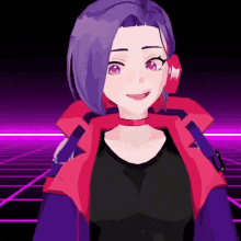 a cartoon girl with purple hair and red headphones