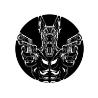 a black and white illustration of a dog holding two guns in its mouth .