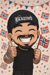 a cartoon drawing of a man wearing a beanie that says blazord