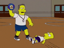 bart simpson is laying on the ground while a man holds a frisbee in his hand