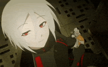a girl with white hair and red eyes is holding a key