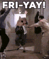 a group of people are dancing in a room with the words fri-yay