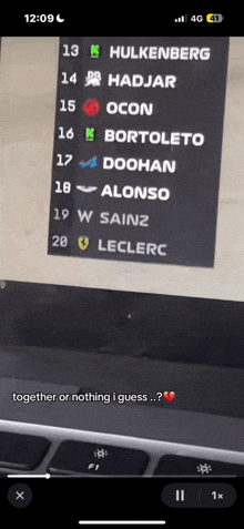 a phone screen shows a list of names including hulkenberg and ocon
