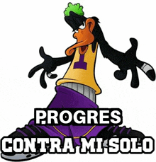a cartoon of a duck wearing a yellow shirt and purple shorts with the words `` progres contra mi solo '' written on it