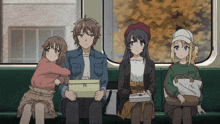 a group of anime characters are sitting on a train together