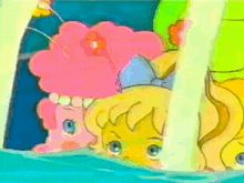 a cartoon of a girl with a flower in her hair is swimming in the water