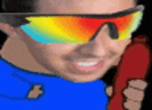 a man wearing sunglasses is holding a bottle of ketchup .