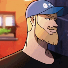 a cartoon of a man with a beard wearing a blue hat that says b on it