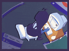 a drawing of a person sitting at a desk with a windows update screen behind them