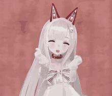 a 3d anime girl with white hair and red ears is making a peace sign with her hands .