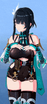 a girl with black hair and green gloves is wearing a black top and shorts