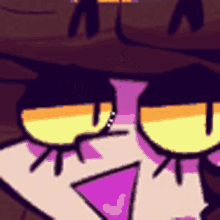 a close up of a cartoon character 's face with a purple bow tie and yellow eyes .