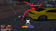 a yellow car with a red arrow pointing to it