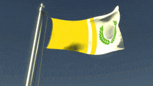 a white and yellow flag with a laurel wreath on it