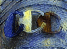 a close up of a painting of a person 's face with a blue hat and a telephone .