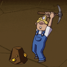 a cartoon drawing of a man using a pickaxe