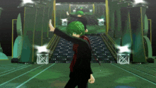 a cartoon character with green hair is standing in front of a stage