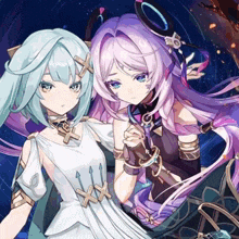 two anime girls are standing next to each other and one has a cross in her hair