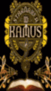 the word kamus is on a black background with gold letters