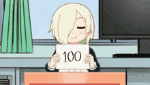 a cartoon girl holding a sign that says 100