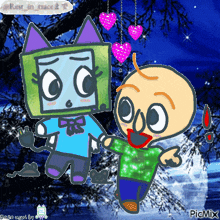 a cartoon drawing of a boy and a girl with hearts hanging from trees