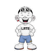 a cartoon character wearing sunglasses and a white shirt that says late