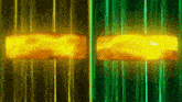 a yellow and green background with a glowing yellow object in the middle