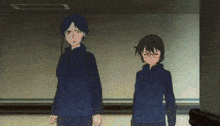 two anime characters standing next to each other in a hallway