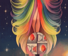 a painting of a woman with rainbow hair standing in front of a rainbow .