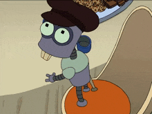 a cartoon character wearing a hat is standing on an orange chair