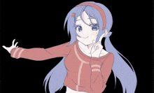 a girl with purple hair is wearing a red sweater and a red headband