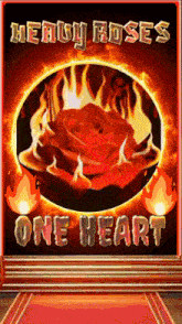a poster for heavy roses one heart with a red rose on fire