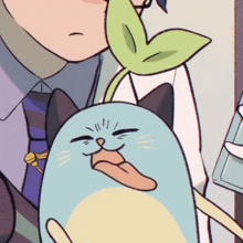 a cartoon drawing of a cat with a leaf on its head