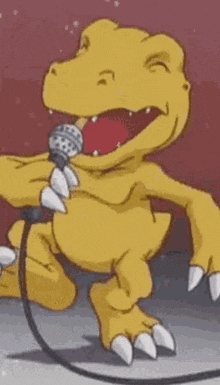 a cartoon dinosaur is holding a microphone in its mouth and singing into it .
