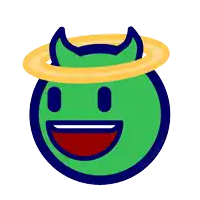 a green smiley face with horns and a halo