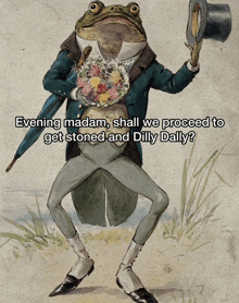 a frog in a suit holding a top hat