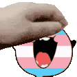 a hand is holding a cartoon character with a transgender flag on its face .