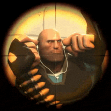 a cartoon character is looking through a sniper 's scope while wearing headphones .
