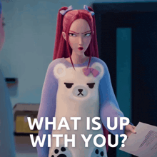 a girl with red hair is holding a piece of paper with the words what is up with you on it