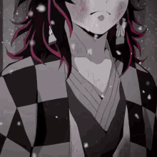 a black and white drawing of a person with red hair and a checkered shirt