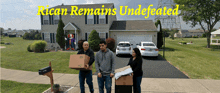 a group of people carrying boxes in front of a house with the words rican remains undefeated