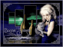 a picture of a woman holding a cat with the words bonne soiree written on the bottom