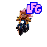 a teddy bear is riding a motorcycle with the word lfg behind him