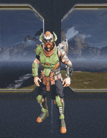 a video game character with a beard is standing in front of a window